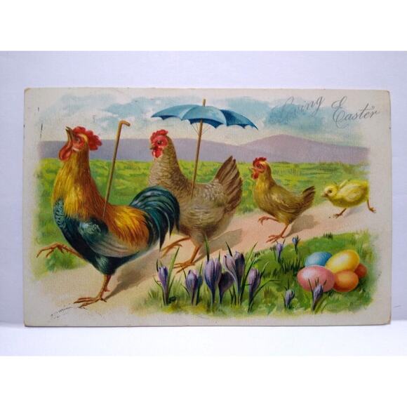 Easter Postcard Anthropomorphic Hens Rooster Marching Umbrella Tucks Series 111 - Picture 2 of 3